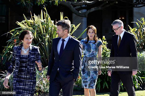 The Governor of NSW, Professor Marie Bashir walks through the gardens of Government House alongside Crown Prince Frederik, Crown Princess Mary of...