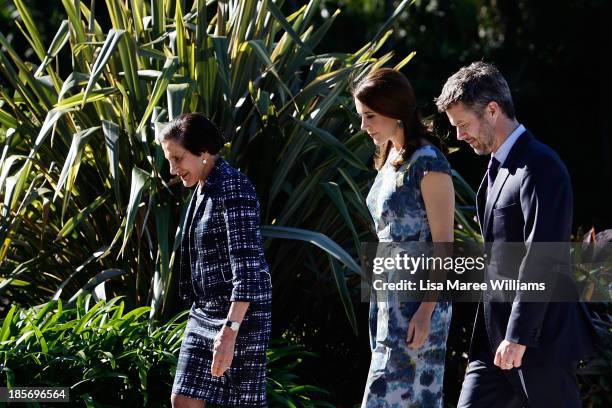 The Governor of NSW, Professor Marie Bashir walks through the gardens of Government House alongside Crown Prince Frederik and Crown Princess Mary of...