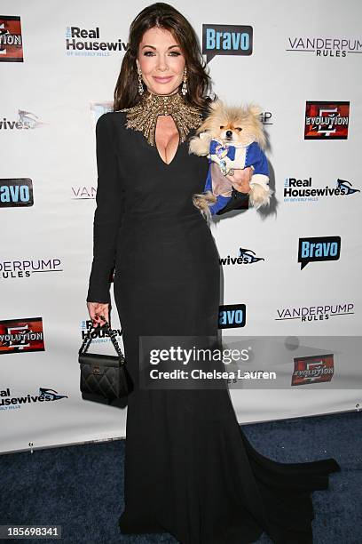 Personality Lisa Vanderpump and her dog Giggy arrive at "The Real Housewives Of Beverly Hills" and "Vanderpump Rules" premiere party at Boulevard3 on...