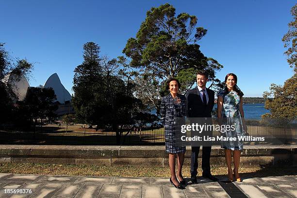 The Governor of NSW, Professor Marie Bashir poses in the gardens of Government House alongside Crown Prince Frederik, Crown Princess Mary of Denmark...