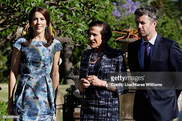 The Governor of NSW, Professor Marie Bashir walks through the gardens of Government House alongside Crown Prince Frederik, Crown Princess Mary of...