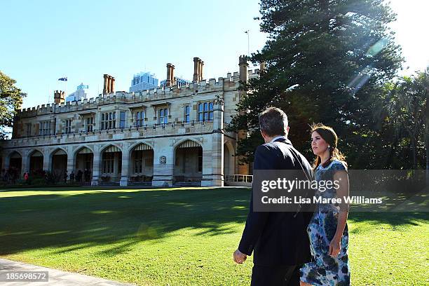 Crown Princess Mary and Crown Prince Frederik walk in the gardens of Government House on October 24, 2013 in Sydney, Australia. Prince Frederik and...