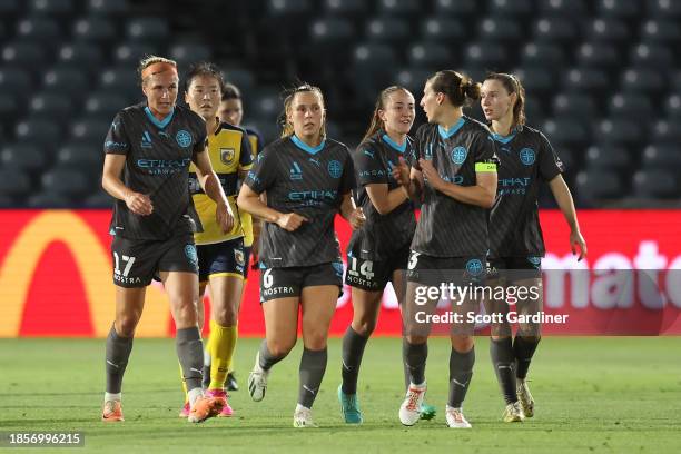 Melbourne City players celebrate the goal of Rebekah Stott of the Melbourne City during the A-League Women round eight match between Central Coast...