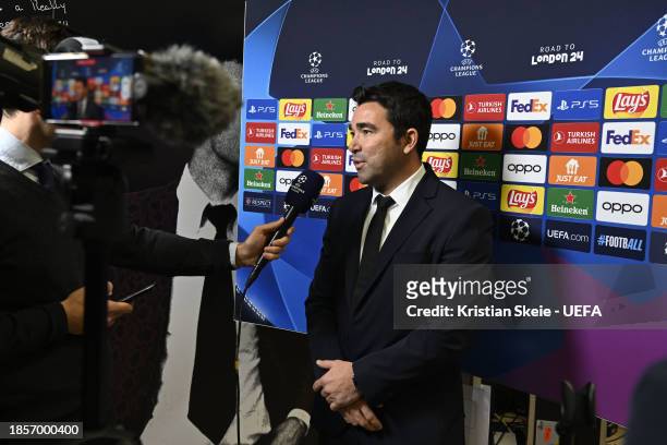 Barcelona Sporting Director Deco speaks to media in the flash interview area during the UEFA Champions League 2023/24 Round of 16 Draw at the UEFA...