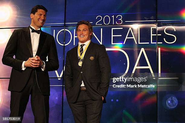 Michael Hooper and John Eales talk on stage during the 2013 John Eales Medal at Sydney Convention & Exhibition Centre on October 24, 2013 in Sydney,...