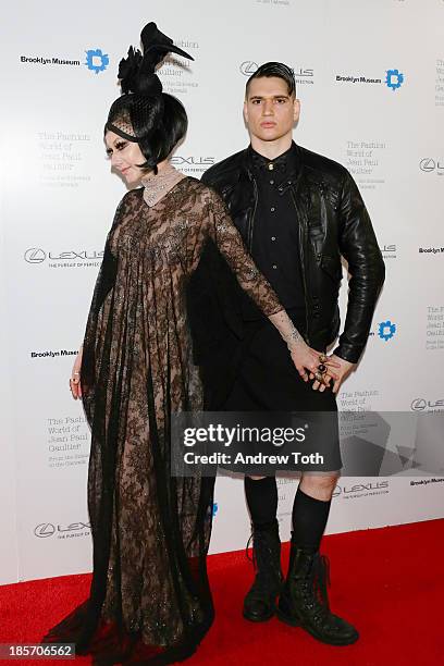 Susanne Bartsch and Jordan Lee attend the VIP reception and viewing for The Fashion World of Jean Paul Gaultier: From the Sidewalk to the Catwalk at...