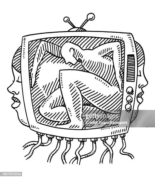trapped figure in tv bizarre dreaming drawing - charades stock illustrations