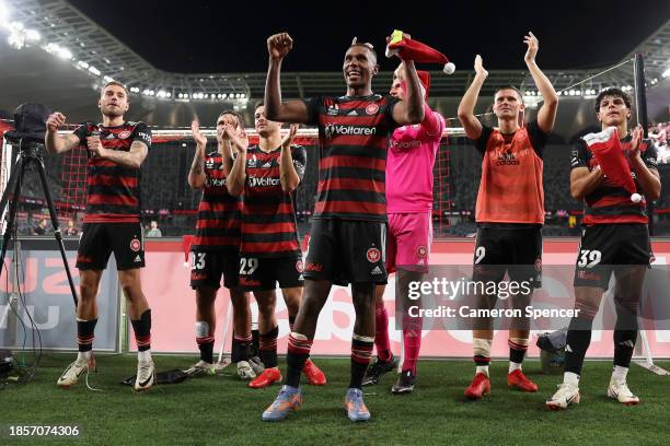 Marcelo of the Wanderers and team mates celebrate winning the A-League Men round eight match between Western Sydney Wanderers and Adelaide United at...