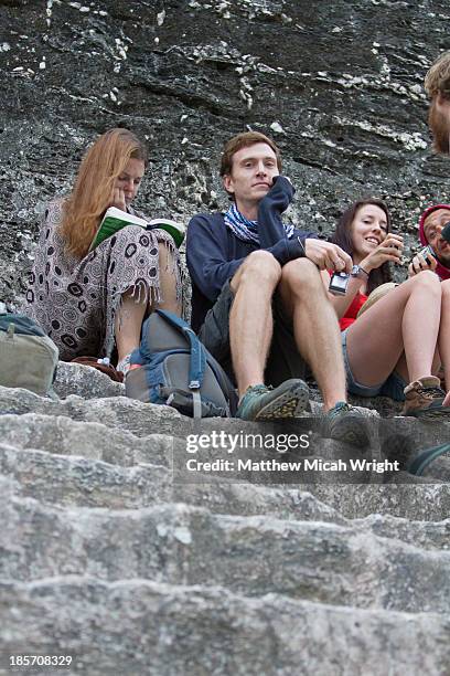 an early morning on the tikal temple steps. - tikal stock pictures, royalty-free photos & images