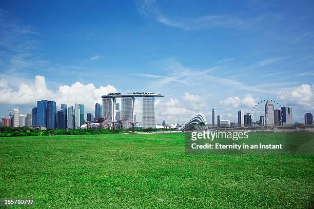 singapore skyline and gardens by the bay - singapore gardens stock-fotos und bilder