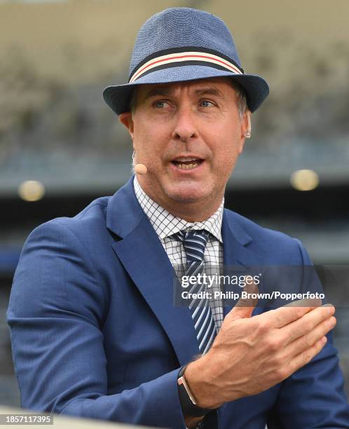 Michael Vaughan working for Fox Sports before day two of the Men's First Test match between Australia and Pakistan at Optus Stadium on December 15,...