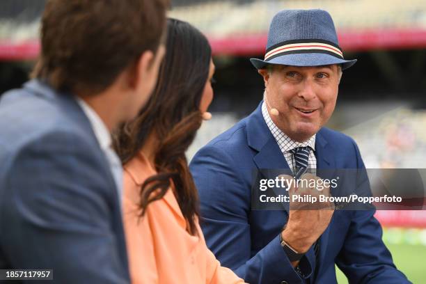 Michael Vaughan working for Fox Sports gestures before day two of the Men's First Test match between Australia and Pakistan at Optus Stadium on...