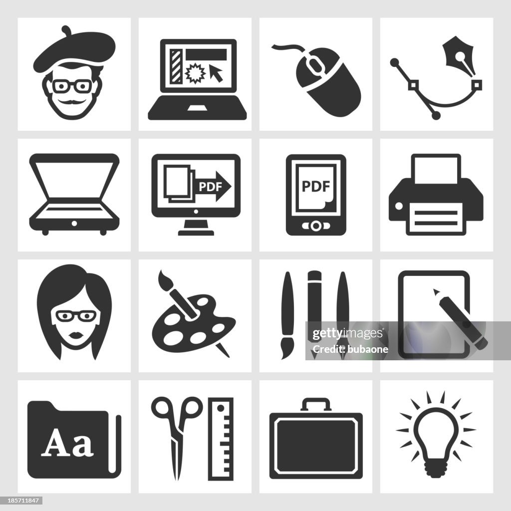 Graphic Designer and Computer Illustration black & white icon set