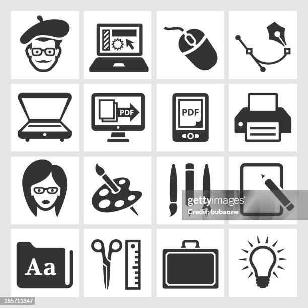 graphic designer and computer illustration black & white icon set - graphic designer stock illustrations