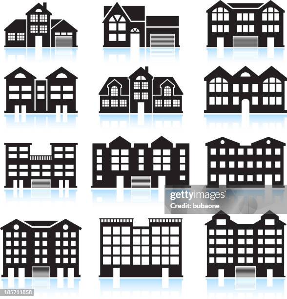 bildbanksillustrationer, clip art samt tecknat material och ikoner med house and condo building black & white vector icon set - värdshus