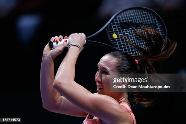 Jelena Jankovic of Serbia returns a backhand to Li Na of China during day three of the TEB BNP Paribas WTA Championships at the Sinan Erdem Dome...