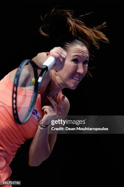 Jelena Jankovic of Serbia serves to Li Na of China during day three of the TEB BNP Paribas WTA Championships at the Sinan Erdem Dome October 24, 2013...