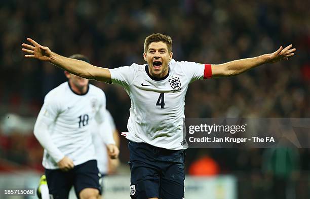 Steven Gerrard of England celebrates scoring their second goal during the FIFA 2014 World Cup Qualifying Group H match between England and Poland at...