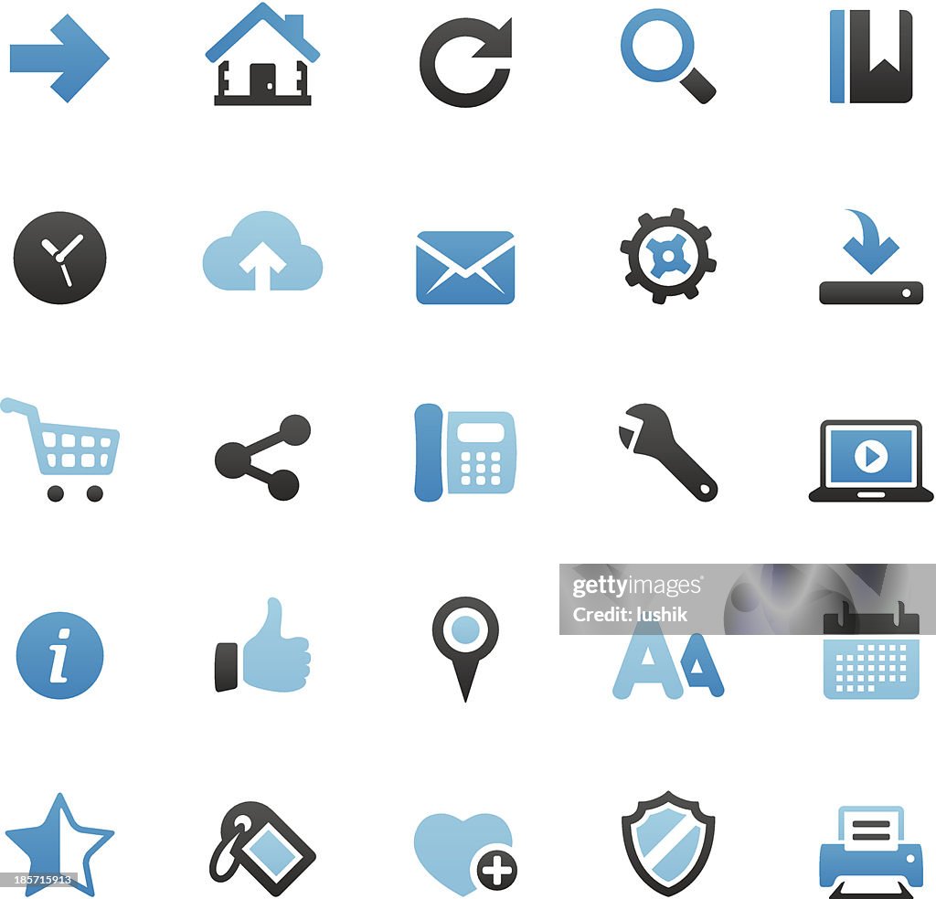 Internet icon set using blue and black on white background