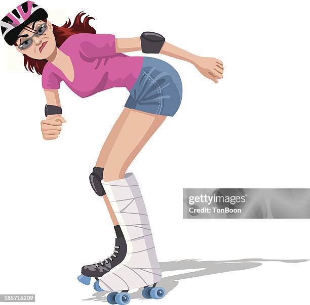 rollerscating girl with leg in a plaster - cast stock illustrations