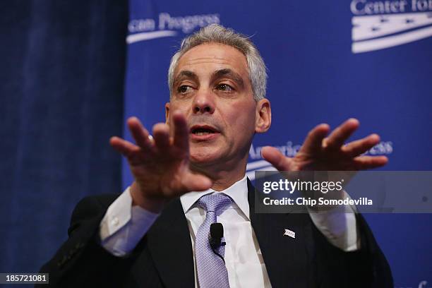 Chicago Mayor Rahm Emanuel addresses a conference commemorating the 10th anniversary of the Center for American Progress in the Astor Ballroom of the...