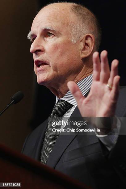 California Gov. Jerry Brown addresses a conference commemorating the 10th anniversary of the Center for American Progress in the Astor Ballroom of...