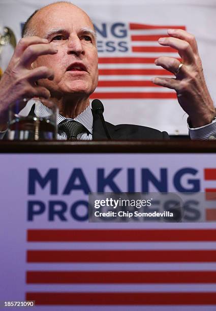 California Gov. Jerry Brown addresses a conference commemorating the 10th anniversary of the Center for American Progress in the Astor Ballroom of...