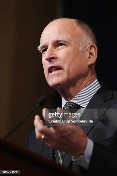 California Gov. Jerry Brown addresses a conference commemorating the 10th anniversary of the Center for American Progress in the Astor Ballroom of...