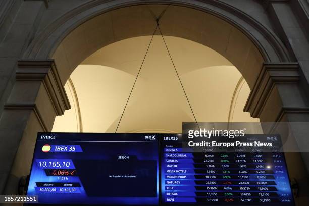 Several IBEX 35 panels at the Palacio de la Bolsa de Madrid, on 15 December, 2023 in Madrid, Spain. The Ibex 35 consolidated this midday the downward...