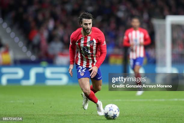 Mario Hermoso of Atletico de Madrid controls the ball during the UEFA Champions League match between Atletico Madrid and SS Lazio at Civitas...