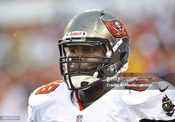 Tackle Demar Dotson of the Tampa Bay Buccaneers sets for play against the New Orleans Saints September 15, 2013 at Raymond James Stadium in Tampa,...