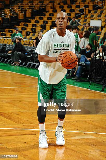 Keith Bogans of the Boston Celtics warms up before the game against the Toronto Raptors on October 7, 2013 at the TD Garden in Boston, Massachusetts....