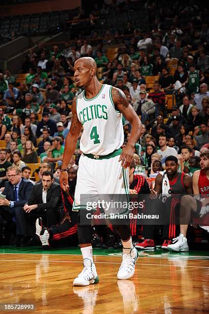 Keith Bogans of the Boston Celtics stands on the court against the Toronto Raptors on October 7, 2013 at the TD Garden in Boston, Massachusetts. NOTE...