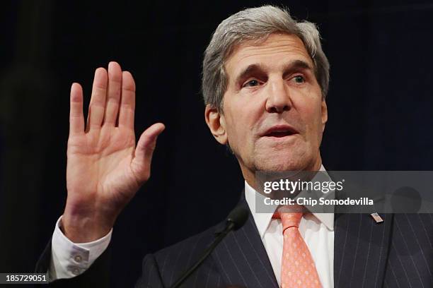 Secretary of State John Kerry addresses a conference commemorating the 10th anniversary of the Center for American Progress in the Astor Ballroom of...