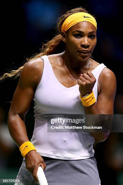 Serena Williams celebrates match point against Petra Kvitova of Czech Republic during day three of the TEB BNP Paribas WTA Championships at the Sinan...