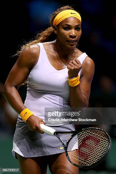 Serena Williams celebrates match point against Petra Kvitova of Czech Republic during day three of the TEB BNP Paribas WTA Championships at the Sinan...