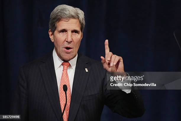 Secretary of State John Kerry addresses a conference commemorating the 10th anniversary of the Center for American Progress in the Astor Ballroom of...