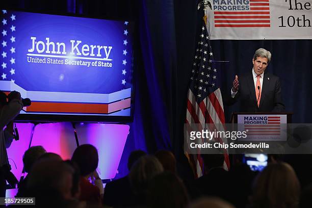Secretary of State John Kerry addresses a conference commemorating the 10th anniversary of the Center for American Progress in the Astor Ballroom of...