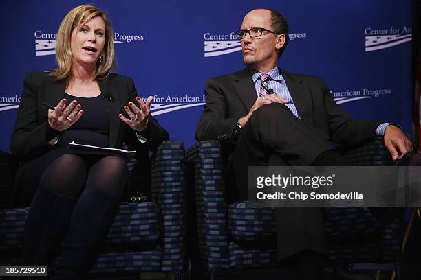 Crossfire host and former Obama campaign deputy manager Stephanie Cutter and U.S. Labor Secretary Tomas Perez participates in a panel discussion...
