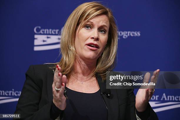 Crossfire host and former Obama campaign deputy manager Stephanie Cutter participates in a panel discussion during a conference commemorating the...