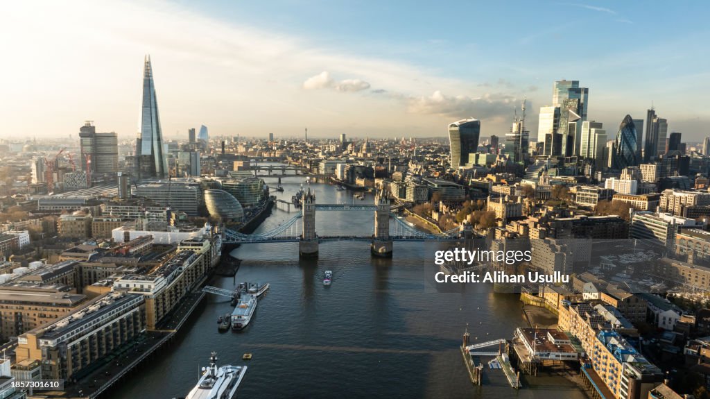 Aerial view of London and the Tower Bridge