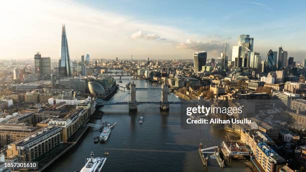 aerial view of london and the tower bridge - thames river stock pictures, royalty-free photos & images