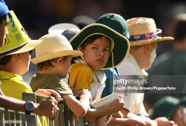 Spectators look on during day two of the Men's First Test match between Australia and Pakistan at Optus Stadium on December 15, 2023 in Perth,...