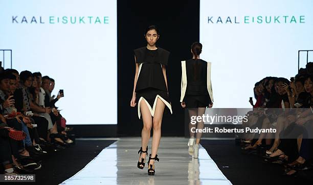 Model showcases designs by Kaal E. Suktae on the runway at the Korean Cultural Center show during Jakarta Fashion Week 2014 at Senayan City on...