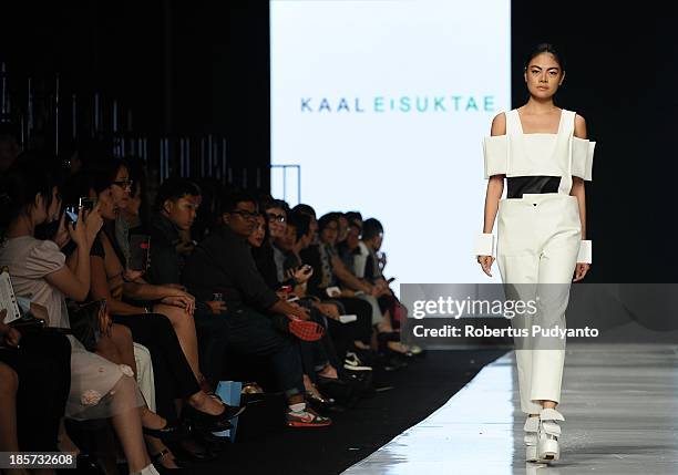 Model showcases designs by Kaal E. Suktae on the runway at the Korean Cultural Center show during Jakarta Fashion Week 2014 at Senayan City on...