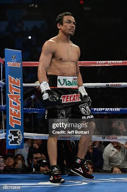 Juan Manuel Marquez stands in his corner before his bout against WBO welterweight champion Timothy Bradley Jr. At the Thomas & Mack Center on October...