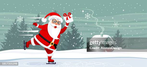 santa claus skating on a frozen lake. - ice skating vector stock illustrations