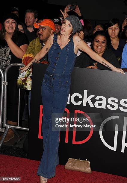 Actress Georgina Cates arrives at the Los Angeles premiere of 'Jackass Presents: Bad Grandpa' at TCL Chinese Theatre on October 23, 2013 in...