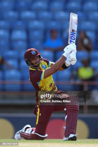 Brandon King of West Indies batting during the 2nd T20 International match between West Indies and England at the National Cricket Stadium on...