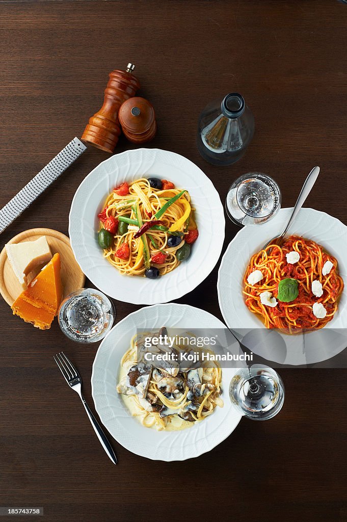 Still life with selection of spaghetti dishes